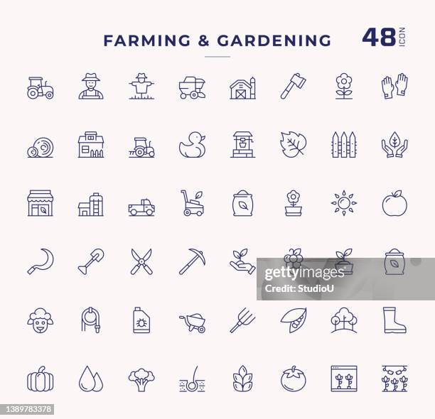 bildbanksillustrationer, clip art samt tecknat material och ikoner med farming and gardening editable stroke line icons - bal odlad