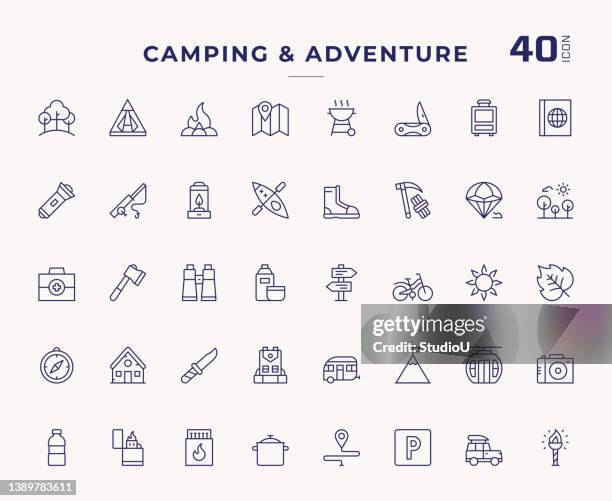 ilustrações, clipart, desenhos animados e ícones de camping e adventure editable stroke line ícones - studio camera