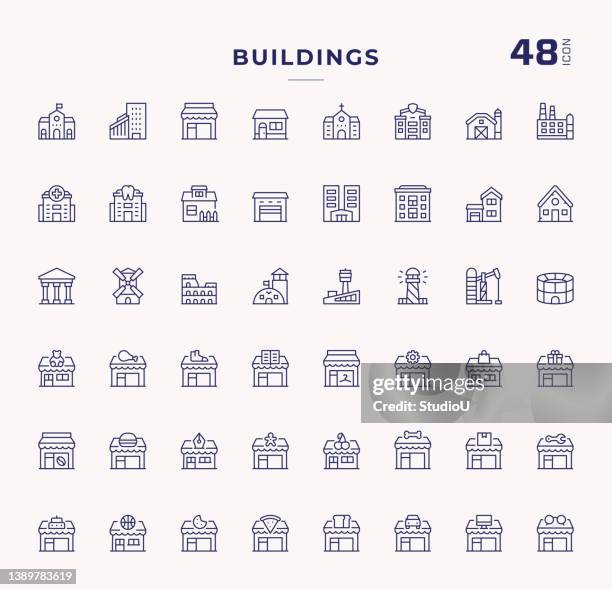 bildbanksillustrationer, clip art samt tecknat material och ikoner med buildings editable stroke line icons - manufacturing plant