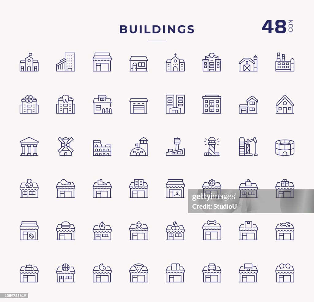 Buildings Editable Stroke Line Icons