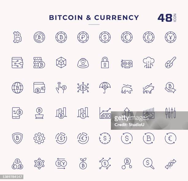 ilustraciones, imágenes clip art, dibujos animados e iconos de stock de bitcoin y criptomoneda iconos de línea de trazo editables - cryptocurrency