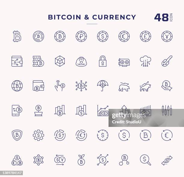 bitcoin and cryptocurrency editable stroke line icons - currency exchange stock illustrations