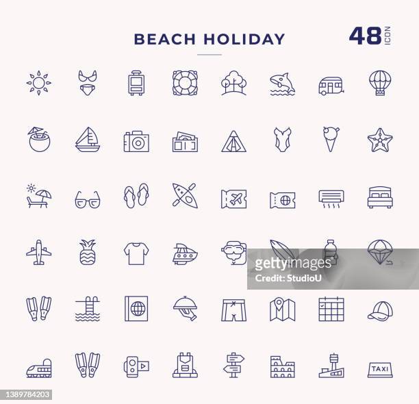 beach holiday bearbeitbare strichlinien-symbole - pool party stock-grafiken, -clipart, -cartoons und -symbole