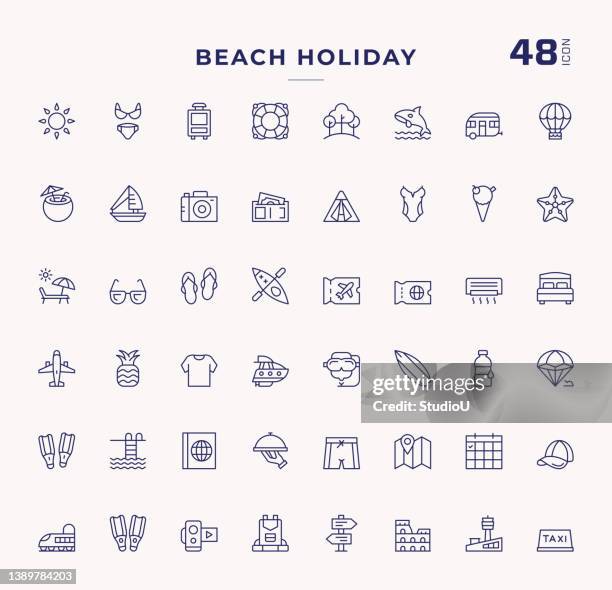 ilustrações de stock, clip art, desenhos animados e ícones de beach holiday editable stroke line icons - fotografia da studio