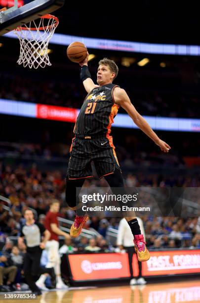 Moritz Wagner of the Orlando Magic dunks during a game against the Cleveland Cavaliers at Amway Center on April 05, 2022 in Orlando, Florida. NOTE TO...