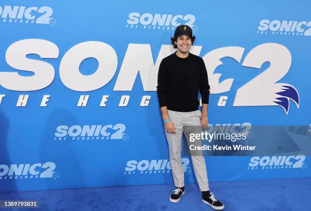 David Dobrik attends the Los Angeles premiere screening of "Sonic The Hedgehog 2" at Regency Village Theatre on April 05, 2022 in Los Angeles,...