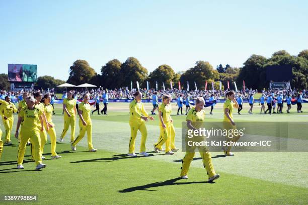 Alyssa Healy of Australia and her team mates look on ahead of the 2022 ICC Women's Cricket World Cup Final match between Australia and England at...