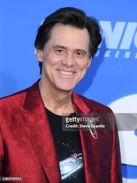 Jim Carrey arrives at the Los Angeles Premiere Screening Of "Sonic The Hedgehog 2" at Regency Village Theatre on April 05, 2022 in Los Angeles,...
