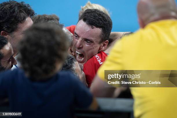 Roberto Bautista Agut of Spain reacts after winning his match against Poland's Hubert Hurkacz during their 2022 ATP Cup tie on day seven between...