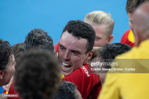 Roberto Bautista Agut of Spain reacts after winning his match against Poland's Hubert Hurkacz during their 2022 ATP Cup tie on day seven between...