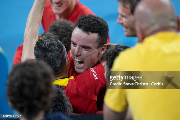Roberto Bautista Agut of Spain reacts after winning his match against Poland's Hubert Hurkacz during their 2022 ATP Cup tie on day seven between...