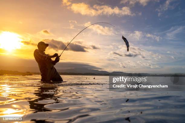 man fly fishing under a dramatic sunrise over the lake - surf casting bildbanksfoton och bilder