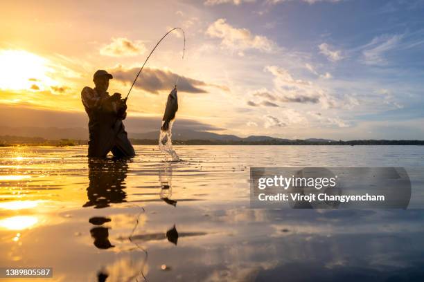 man fly fishing under a dramatic sunrise over the lake - lenza foto e immagini stock