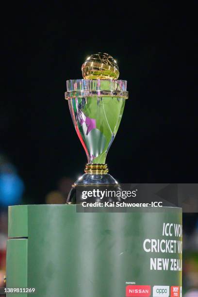The trophy is seen during the 2022 ICC Women's Cricket World Cup Final match between Australia and England at Hagley Oval on April 03, 2022 in...