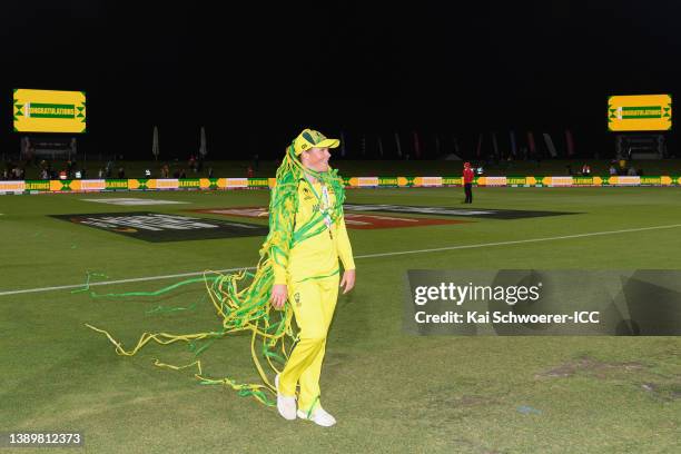 Grace Harris of Australia celebrates after winningthe 2022 ICC Women's Cricket World Cup Final match between Australia and England at Hagley Oval on...