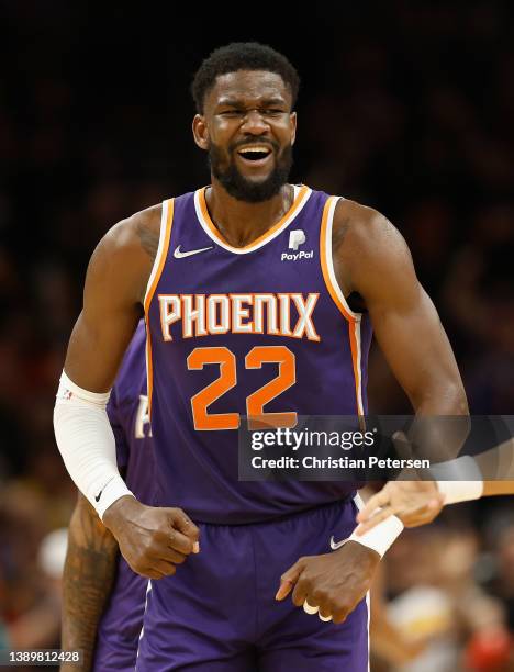 Deandre Ayton of the Phoenix Suns reacts during the second half of the NBA game against the Los Angeles Lakers at Footprint Center on April 05, 2022...