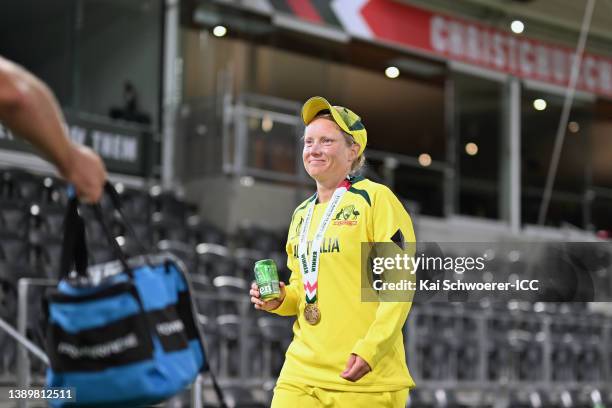 Alyssa Healy of Australia reacts after winning the 2022 ICC Women's Cricket World Cup Final match between Australia and England at Hagley Oval on...