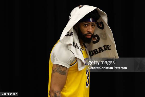Anthony Davis of the Los Angeles Lakers walks off the court following the NBA game against the Phoenix Suns at Footprint Center on April 05, 2022 in...