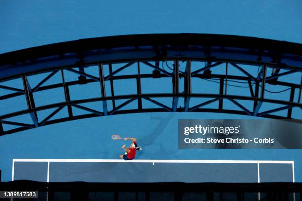 Taylor Fritz of the United States serves against Cameron Norrie of Britain during their 2022 ATP Cup tie on day six between Britain and The United...