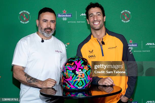 Reko Rennie and Daniel Ricciardo attend the presentation of a one of a kind helmet designed by Melbourne artist Reko Rennie, which will be auctioned...