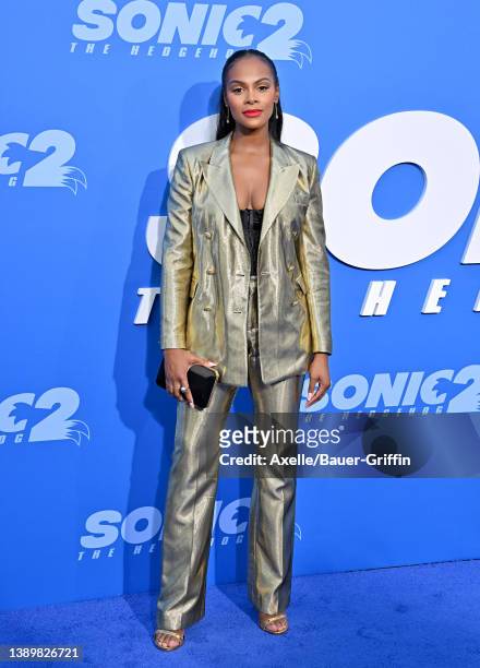 Tika Sumpter attends the Los Angeles Premiere Screening of "Sonic The Hedgehog 2" at Regency Village Theatre on April 05, 2022 in Los Angeles,...