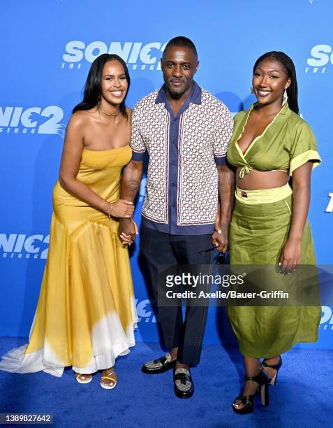 Sabrina Elba, Idris Elba and Isan Elba attend the Los Angeles Premiere Screening of "Sonic The Hedgehog 2" at Regency Village Theatre on April 05,...