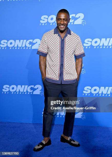 Idris Elba attends the Los Angeles Premiere Screening of "Sonic The Hedgehog 2" at Regency Village Theatre on April 05, 2022 in Los Angeles,...