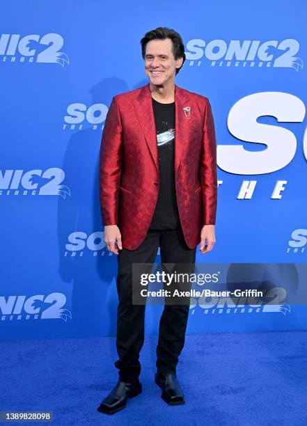 Jim Carrey attends the Los Angeles Premiere Screening of "Sonic The Hedgehog 2" at Regency Village Theatre on April 05, 2022 in Los Angeles,...