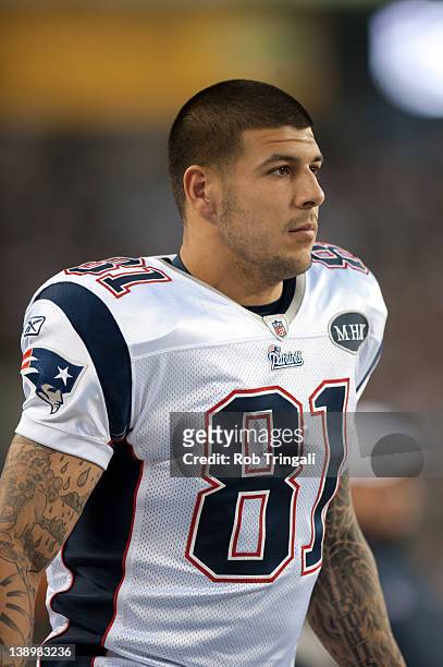 Tight end Aaron Hernandez of the New England Patriots looks on during the game against the Philadelphia Eagles at Lincoln Financial Field on November...