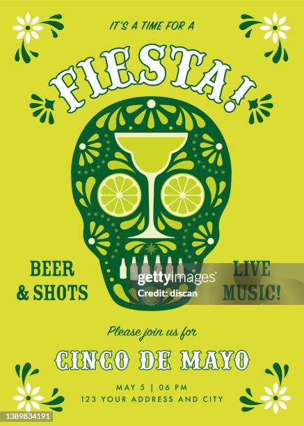 cinco de mayo poster or flyer design template with decorated skull and floral decorative elements. - mexican pattern vector stock illustrations
