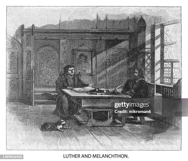 old engraved illustration of martin luther and philipp melanchthon - teologi bildbanksfoton och bilder