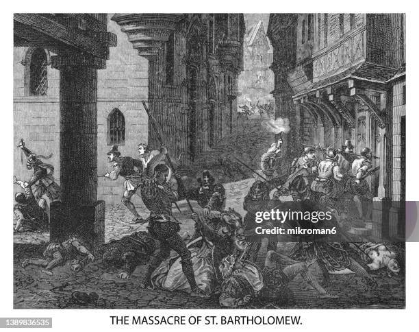old engraved illustration of the st. bartholomew's day massacre - march for science in germany stock pictures, royalty-free photos & images