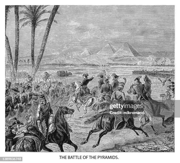 old engraved illustration of the battle of the pyramids (battle of embabeh) - aztec tomb stock pictures, royalty-free photos & images