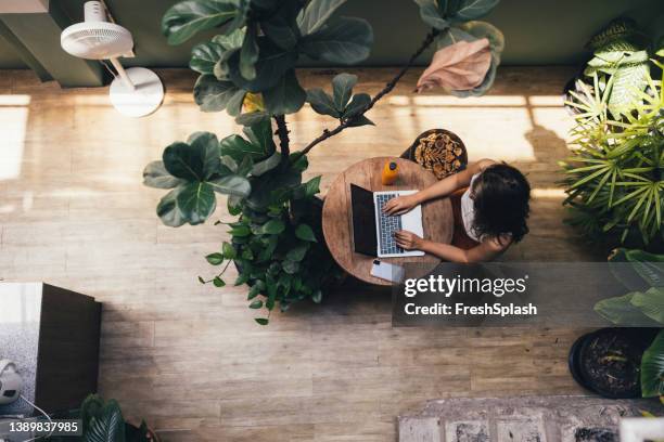 anonyme asiatische geschäftsfrau schreibt einen bericht auf ihrem laptop - holztisch perspektive stock-fotos und bilder