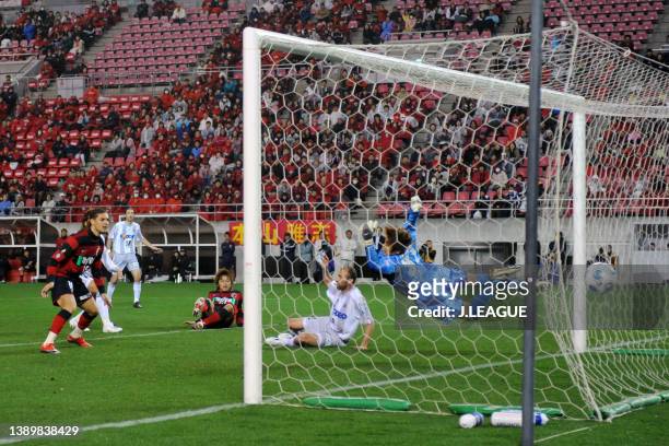 Shinzo Koroki of Kashima Antlers scores his side's second goal during the J.League J1 match between Kashima Antlers and Sanfrecce Hiroshima at...