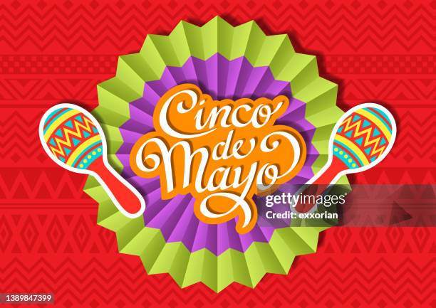 stockillustraties, clipart, cartoons en iconen met cinco de mayo paper fan & maracas - cinco de mayo