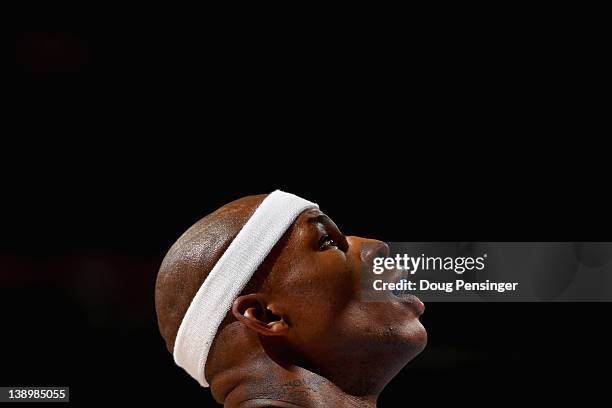 Al Harrington of the Denver Nuggets looks on during a break in the action against the Phoenix Suns at the Pepsi Center on February 14, 2012 in...