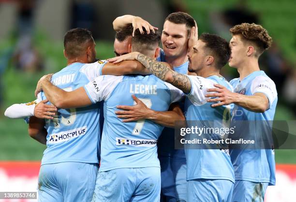 Mathew Leckie of Melbourne City celebrates after scoring a goal during the A-League Mens match between Melbourne City and Sydney FC at AAMI Park, on...