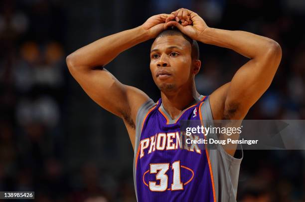 Sebastian Telfair of the Phoenix Suns reacts after a play against the Denver Nuggets at the Pepsi Center on February 14, 2012 in Denver, Colorado....