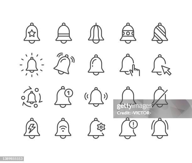 notification and bell icons - classic line series - hand bell stock illustrations