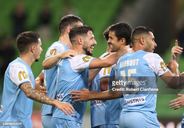 Mathew Leckie of Melbourne City celebrates after scoring his second goal during the A-League Mens match between Melbourne City and Sydney FC at AAMI...