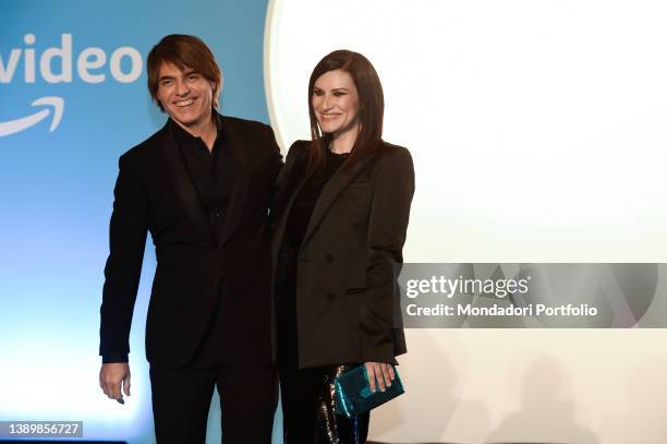 Italian singer Laura Pausini and Italian musician Paolo Carta on the red carpet at the premiere Pleased to meet you at the Conciliazione Auditorium....