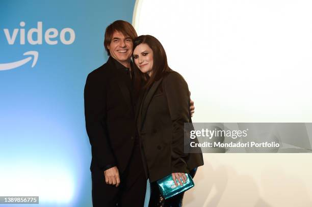 Italian singer Laura Pausini and Italian musician Paolo Carta on the red carpet at the premiere Pleased to meet you at the Conciliazione Auditorium....