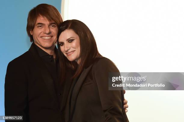Italian singer Laura Pausini and Italian musician Paolo Carta on the red carpet at the premiere Pleased to meet you at the Conciliazione Auditorium....