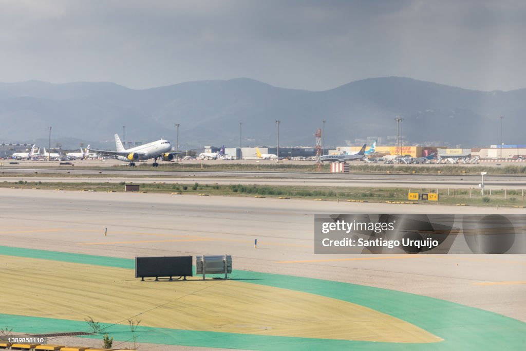 Airplane landing at Barcelona airport