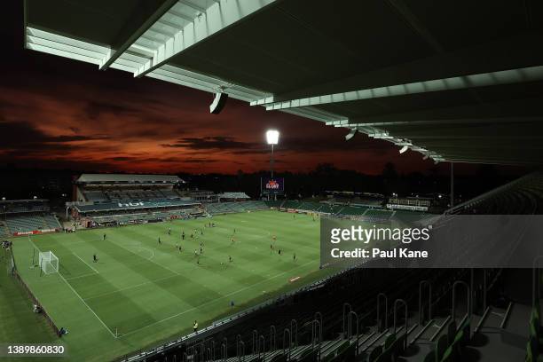 General view as players warm up before the A-League Mens match between Perth Glory and Melbourne Victory at HBF Park, on April 06 in Perth, Australia.