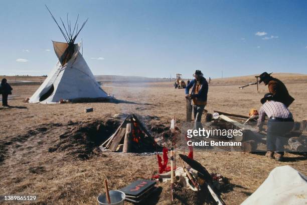 American Indian Movement activists ready themselves for a purification ceremony at the site of the 1890 Wounded Knee Massacre, during the Wounded...