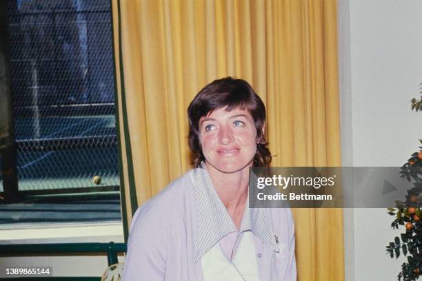 Australian tennis player Margaret Court , wearing a lilac-and-white shirt with a checked collar, in New York City, New York, 9th April 1973. An...