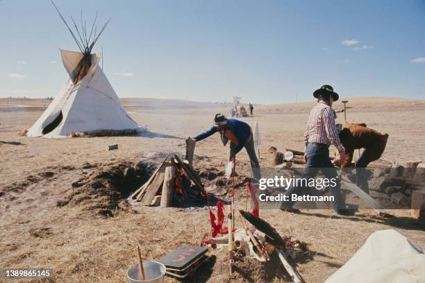 American Indian Movement activists ready themselves for a purification ceremony at the site of the 1890 Wounded Knee Massacre, during the Wounded...