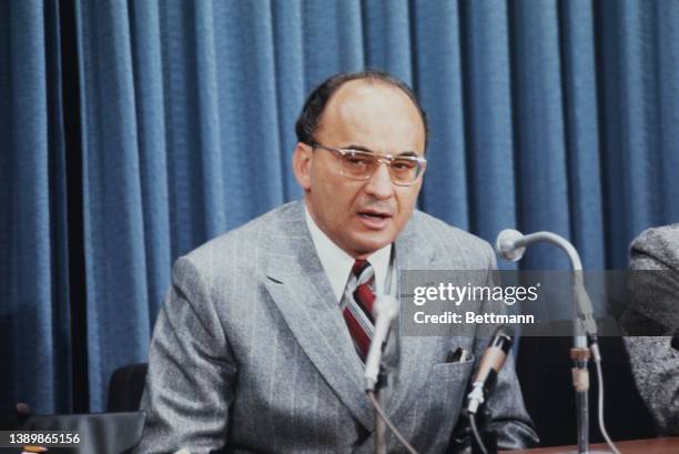 Mexican politician Luis Echeverria, President of Mexico, speaking at a press conference in Ottawa, Ontario, Canada, 2nd April 1973. After Canada,...